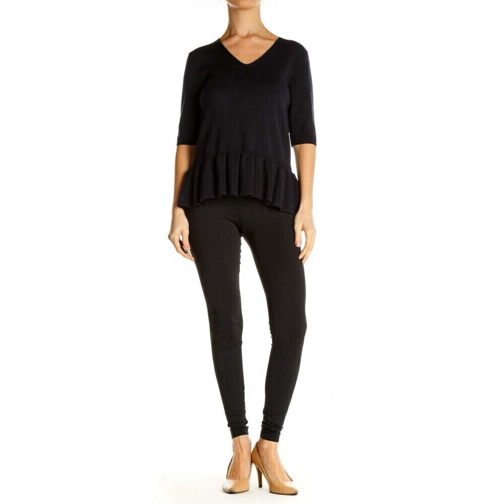 Ann Taylor Womens Top Size Medium Navy Knit Peplum V Neck‎
